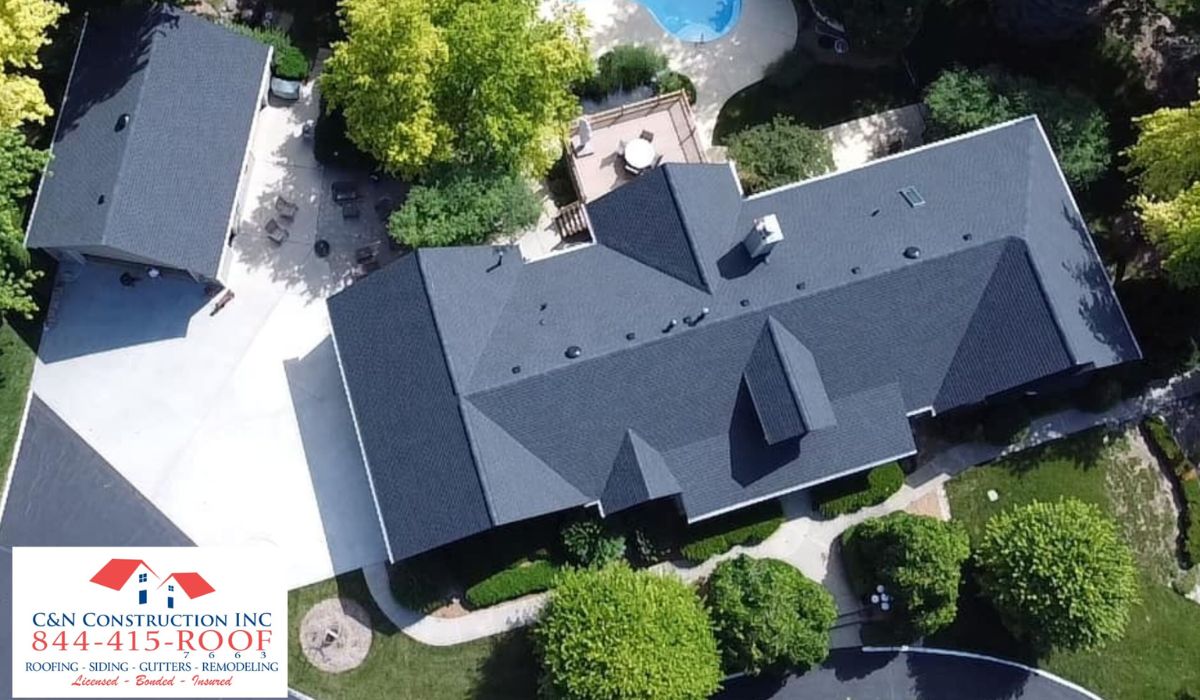 overhead drone shot of a roof of a building