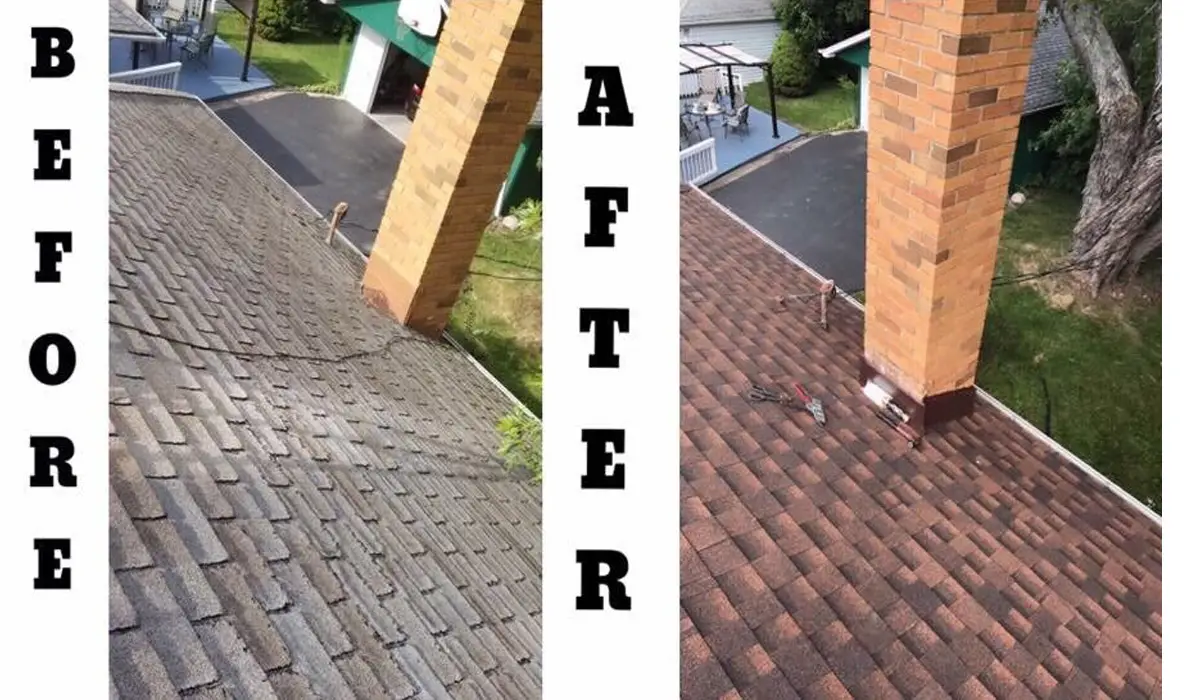 a before and after photo of a house roof repaired