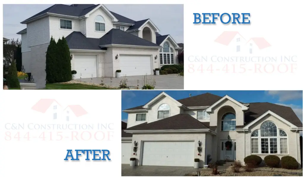 A before and after photo of a roof installation on a house.