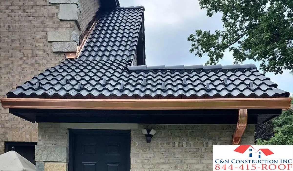 roof tiles, gutter, and downspout