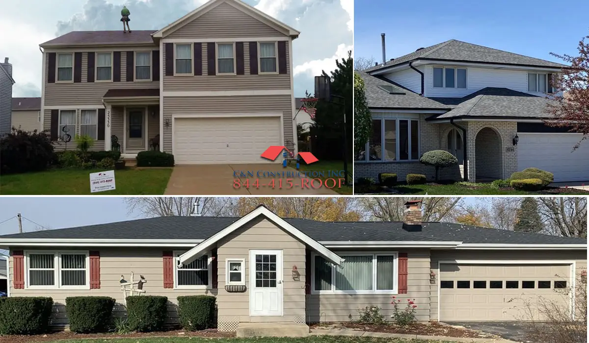 three houses with roofing installed in Illinois
