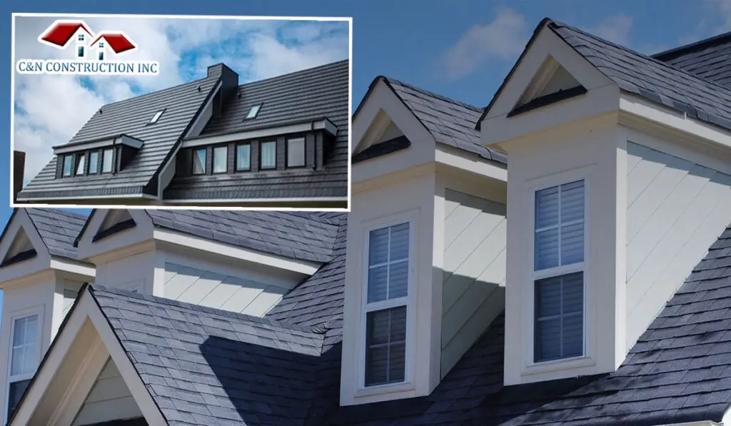 Asphalt and metal roof shingles used for roofing solutions on houses.