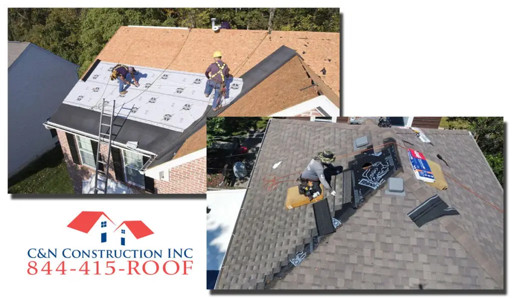 Roof repair services. Men repairing damaged roofs.